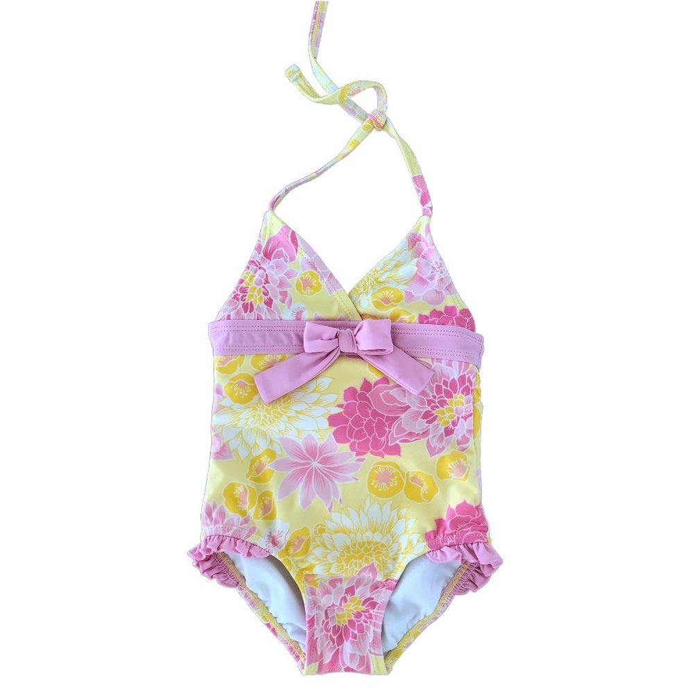 Janie & Jack | Pink & Yellow Floral Ruffled One-Piece Swimsuit | Size 18-24M